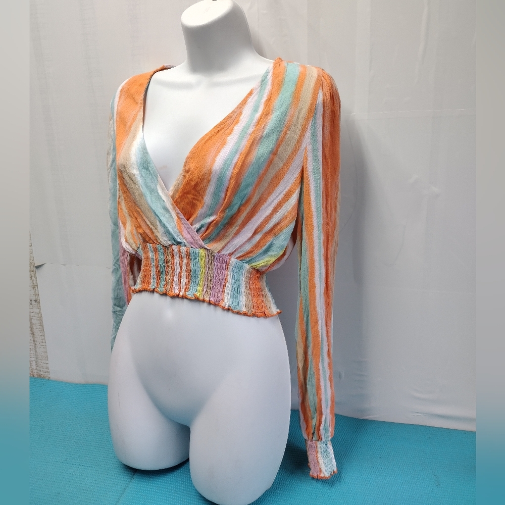 Lumiere Womens Crop Boho Top Long Sleeve Striped Smocked Waist - Size S